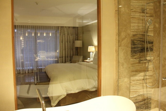 酒店内部景色---房间内的布置也是我喜欢的格调---简单奢华大气。特别值得一提的是酒店给每个房间配备了客房管家，每天会送冰块和矿泉水放在你的卧室，非常有情调，卫生间还送大家海盐搭配沐浴液使用，让人倍感温馨和浪漫。